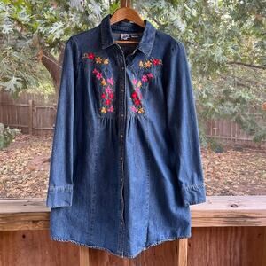 Ivy Jane Women's Long Sleeve Denim Embroidered Mini Dress Size XL